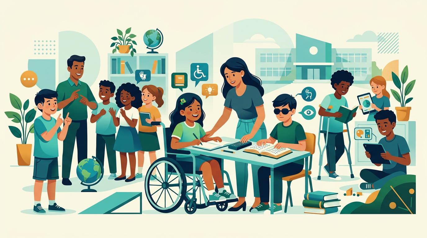 Ilustração editorial sobre Educação inclusiva e atendimento especializado para alunos PCD