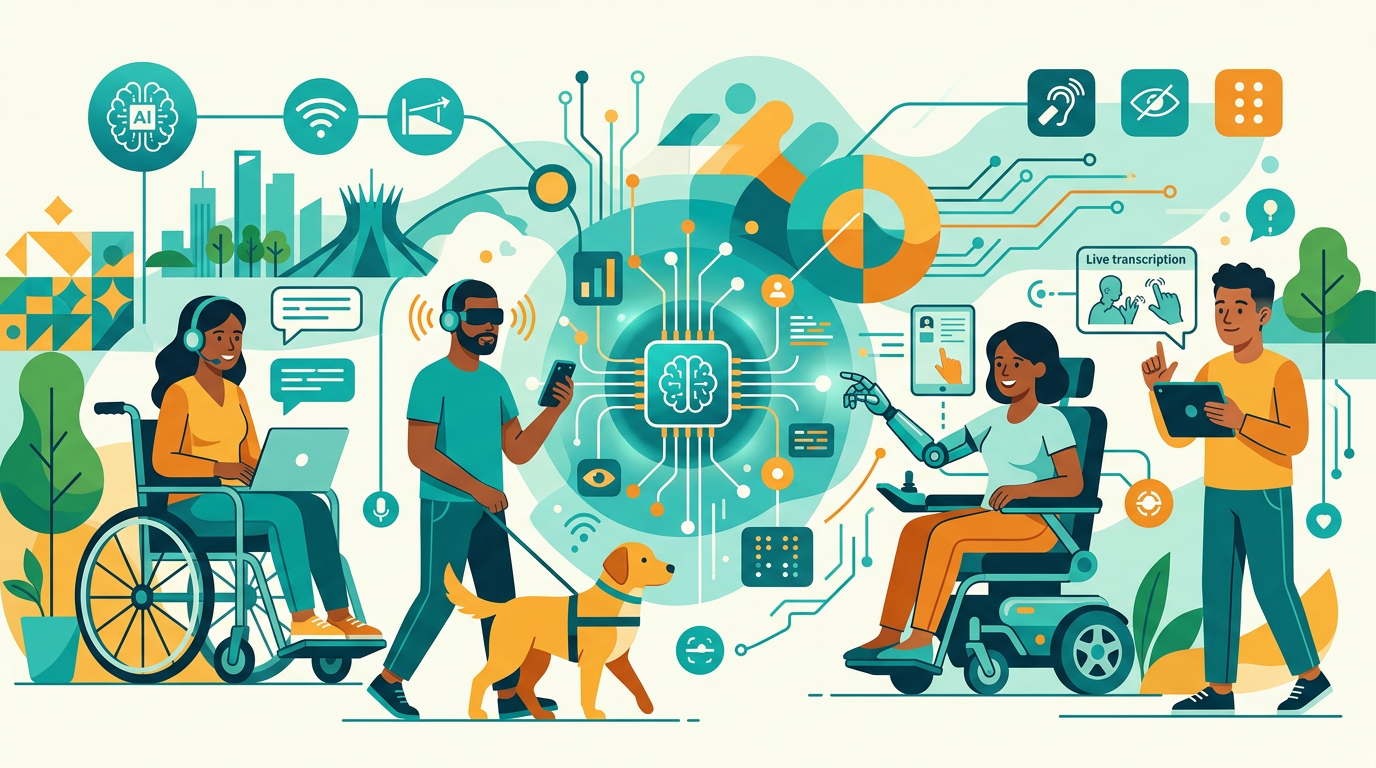Ilustração editorial sobre Inteligência artificial e acessibilidade para pessoas com deficiência