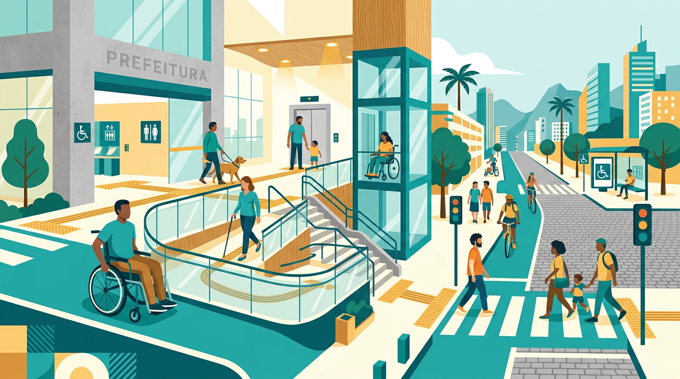 Ilustração editorial sobre Mobilidade urbana e acessibilidade em prédios públicos