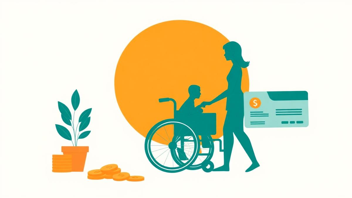 Ilustração de família com pessoa em cadeira de rodas e cartão de benefício assistencial