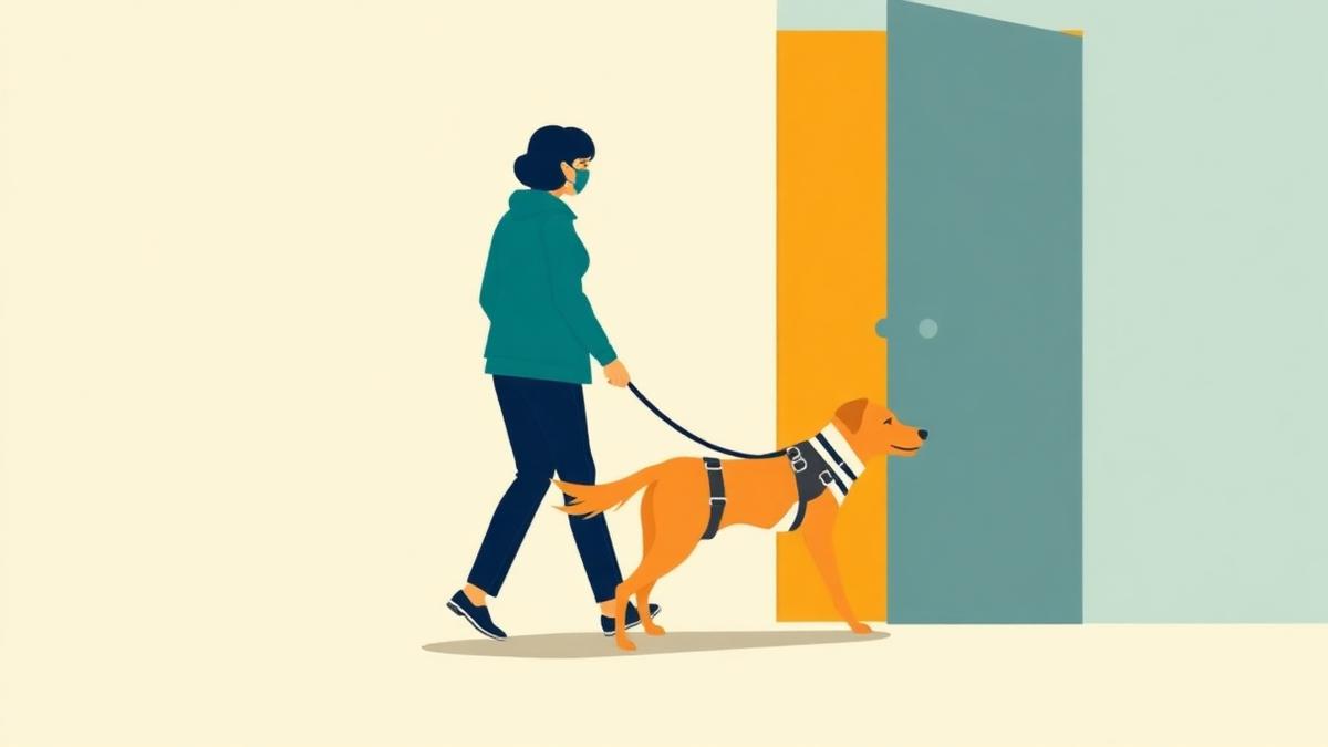Ilustração de cão-guia com arreio acompanhando pessoa com deficiência visual na entrada de um prédio