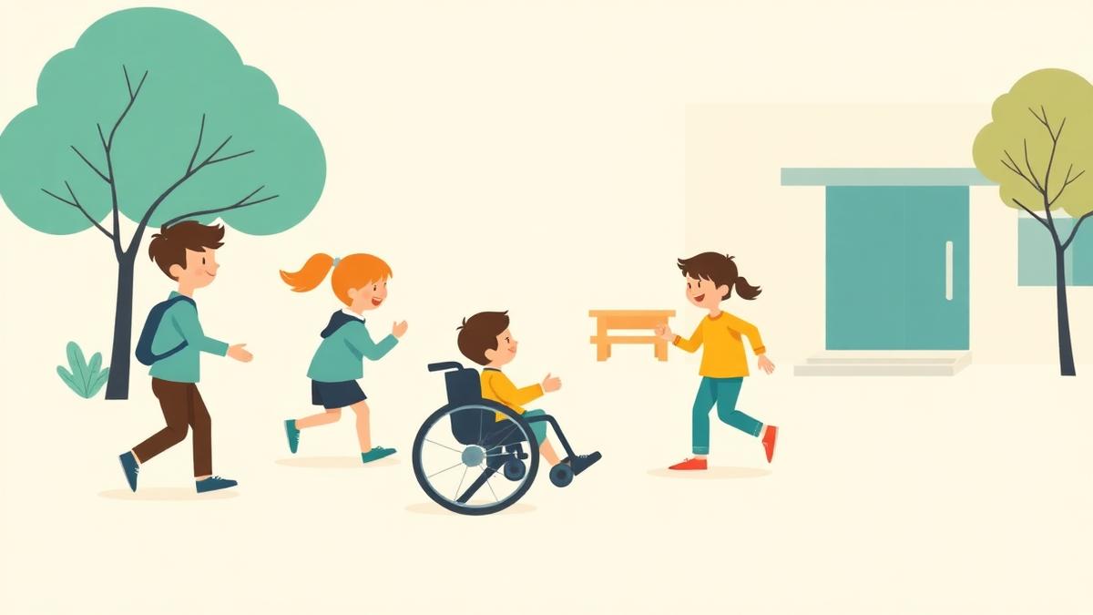 Ilustração de crianças brincando em jogos adaptados no pátio da escola, uma delas em cadeira de rodas