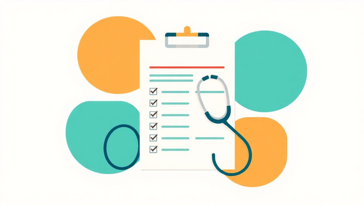 Ilustração de um laudo médico com checklist e estetoscópio