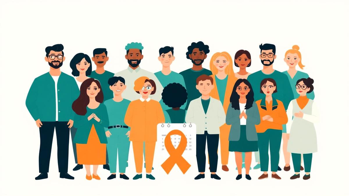 Ilustração de grupo diverso de pessoas reunidas em campanha de conscientização